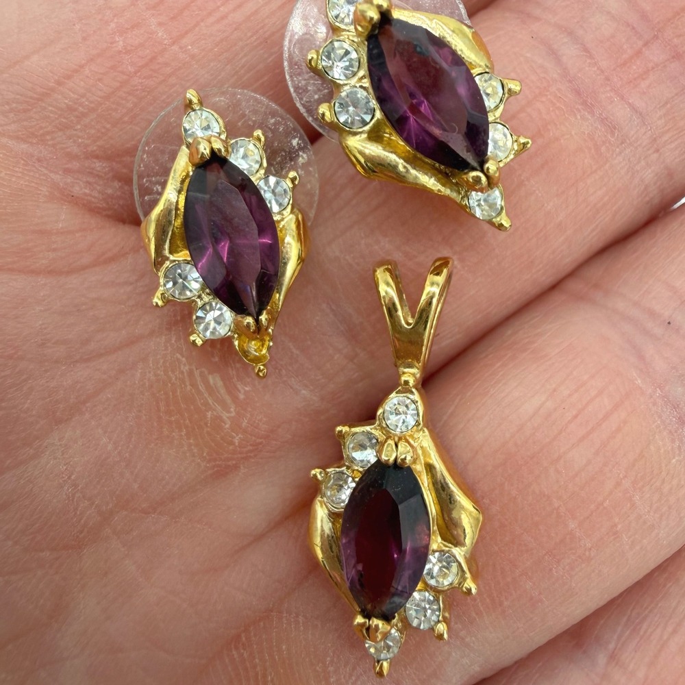 Vintage ROMAN Purple Navette Rhinestone Pendant Earrings Set AS IS